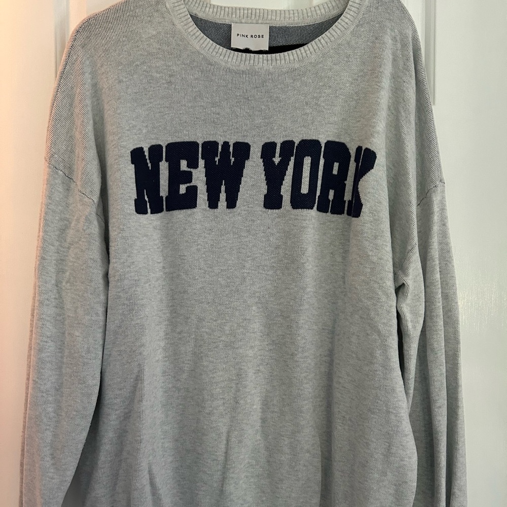 Pink Rose Gray Sweater with Navy Lettering